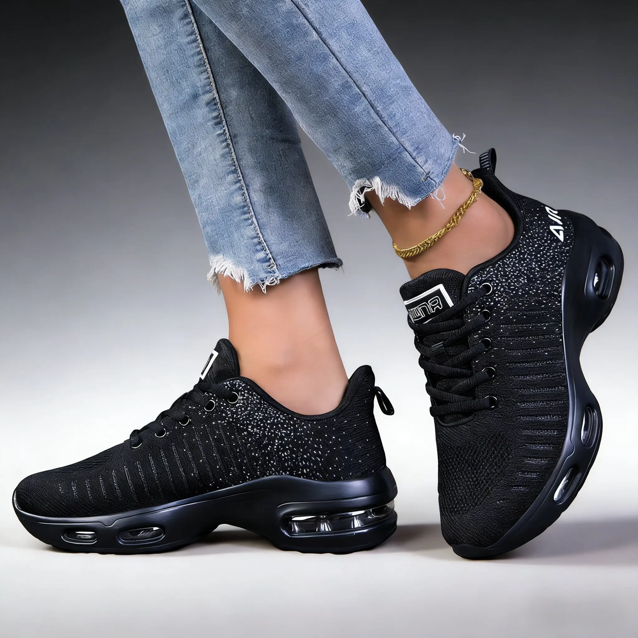 Women's All-Black Athletic Running Shoes, Casual Gym Sneakers with Lightweight, Breathable, Wear-Resistant, Comfortable Design