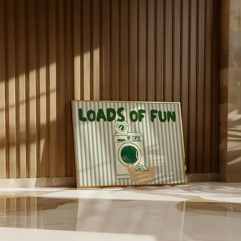 Loads Of Fun Laundry Rules Print  Green Stripe Line Pattern, Fun Wall Art for Laundry Room Decor - [No Frame]