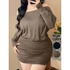 Plus Size 1-Piece Women’s Off-Shoulder Long-Sleeve Bodycon Mini Dress, Trendy Casual Style, Stretch Fabric & Flattering Fit, Off-the-Shoulder Long-Sleeve Design, For Curvy Fashion-Loving Women, Perfect for Streetwear, Casual Dates