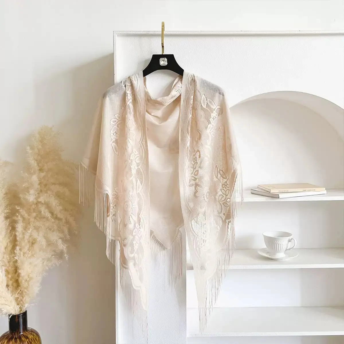 【WhyWait】Boho Floral Lace Fringe Triangle Shawl - Lightweight Sheer Mesh Scarf with Tassels, Elegant Cover Up for Wedding/Party/Beach, Women's Fashion Accessory