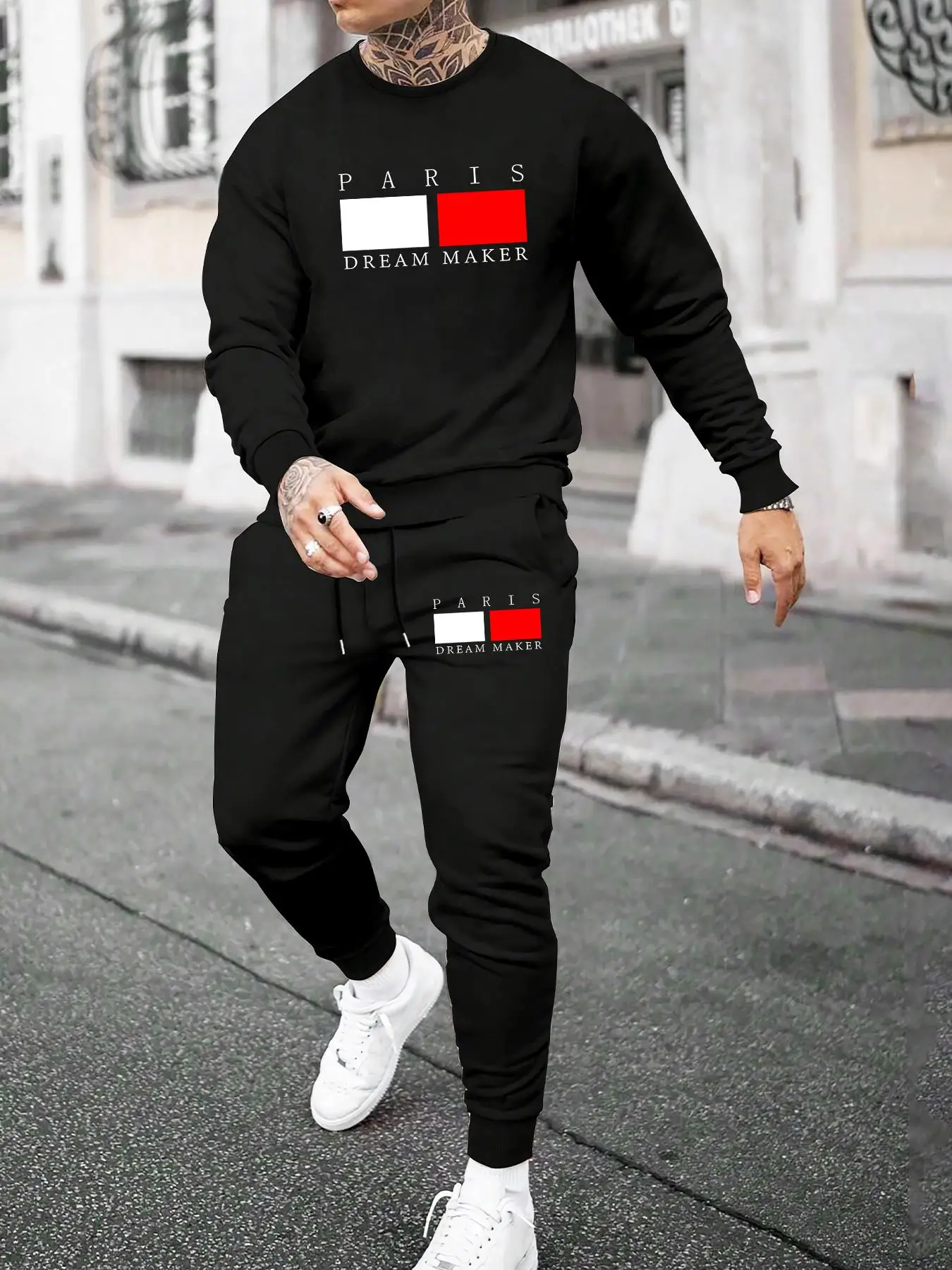 2 Piece Set Men's Geometric & Letter Print Co-ord Set, Fall Outfits, Casual Long Sleeve Sweatshirt & Drawstring Waist Sweatpants Set for Fall, Outfit