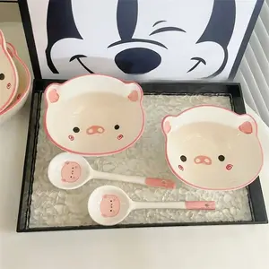 2 Set Cartoon Pig Hand Drawn Ceramic Bowl with Spoon Cute Household Rice Bowl Eating Dishes Soup Yogurt Dessert Bowls Porcelain Dinnerware Sets