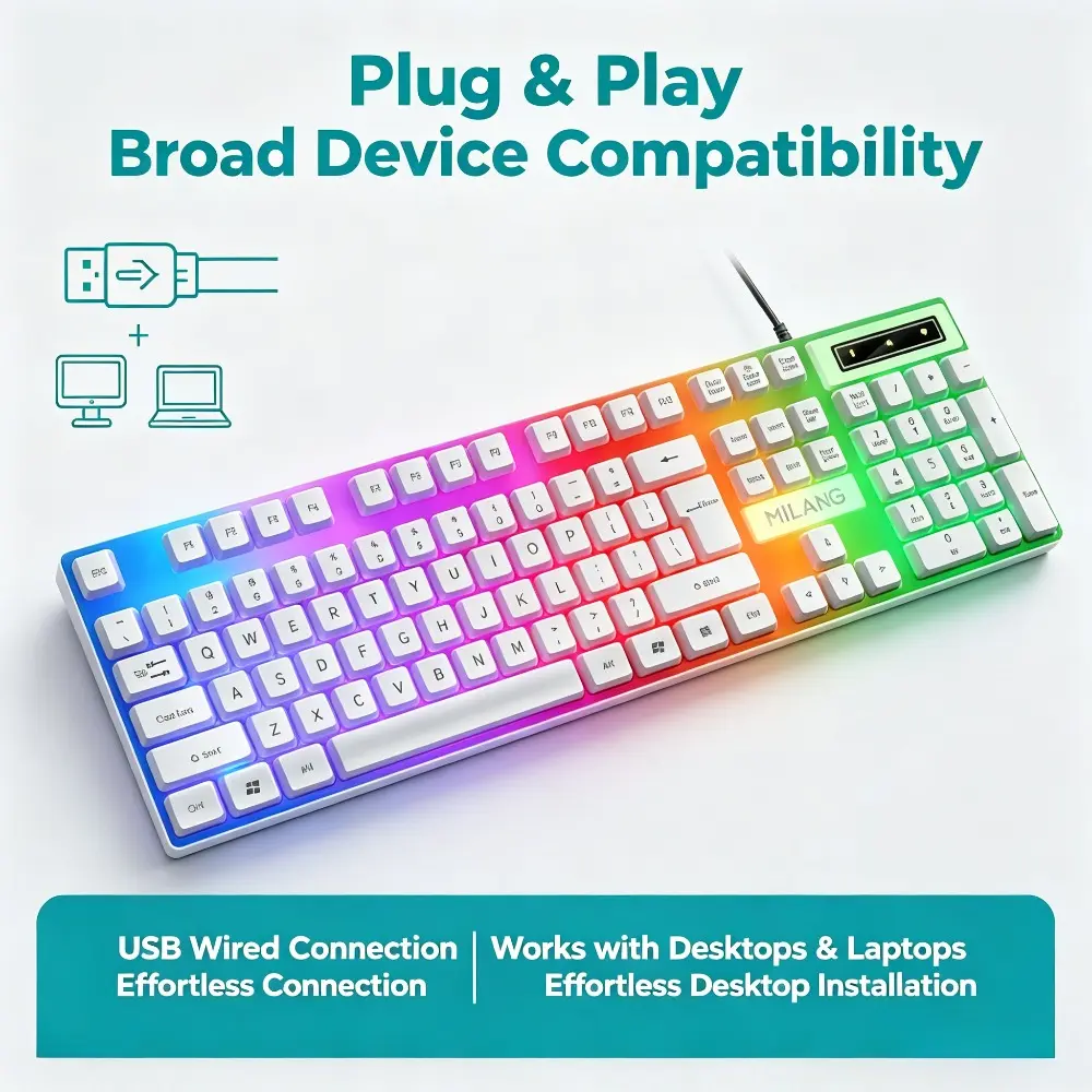 Full Size Gaming Keyboard, 104-Key Wired Mechanical Feel with Backlit Rainbow LEDs, Waterproof Ergonomic Design for Esports & Office, Dual Colors, Matte Keycaps, Gamer Stuff, Backlighting