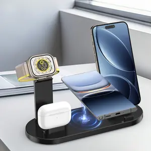 15W 6 In 1 Wireless Charger Stand For iPhone 16 15 14 13 12 11 Pro Max Samsung Galaxy S25 S24 Watch 8 7 6 5 4 3 2 Active 1 2 Earbuds Airpods Desk Phone Holder Fast Charging Smart Charging Dock Station