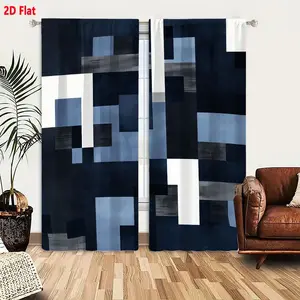2D Flat 2-Piece Abstract Geometric Curtain Set, Navy Blue Gray & White Overlapping Shapes, Textured Brushstroke Effect Mosaic Design, Square Rectangle Window Drapes for Living Room Bedroom, Light Filtering Privacy Curtains