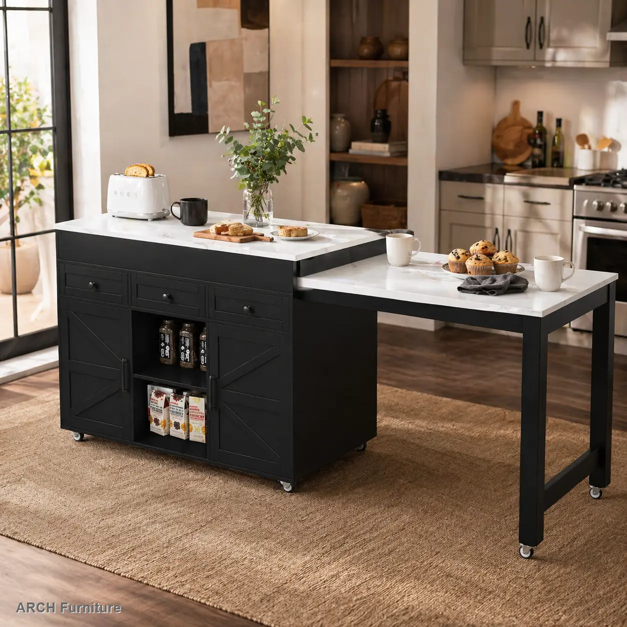 74.8in Black Marble Top Kitchen Island - Extendable Dining Table with Extra Seats, Built-in Power Outlet, Mobile Storage Cart, 3 Drawers, Compartment Floor Cabinets, Rolling Indoor Furniture for Dining Room, 142.86 Pounds, 51.18 X 19.69 X 36.22 Inches