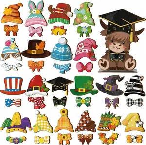 42 Pcs Interchangeable Highland Cow Graduation Gift Holiday Highland Cow Decor Seasonal Sign Farmhouse Rustic Wooden Desk Accessories Welcome Ornament Tiered Tray Decorations for Home Office