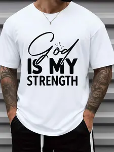 Men's God Is My Strength T-Shirt 100% Cotton 180GSM White with Faith Religious Print - Casual Short Sleeve Round Neck Loose Fit Apparel for Church, Casual Attire & Gifts