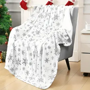 Gold Snowflake Foil Print Merry Christmas Throw Blanket - White Winter Fluffy Fleece Blanket for Couch, Warm Bed, Napping, and Sofa Decor