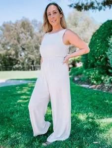 Oatmeal Criss-Cross Tie Back Elastic Waist Jumpsuit