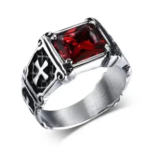 Christian Gothic Red Gemstone Cross Ring Vintage Catholic Prayer Amulet Jewelry for Men