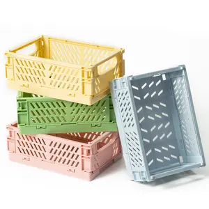 4pcs Plastic Folding Basket Set, Mini Stackable Crates for Home Organizer Storage, Pastel Color Design, Durable & Versatile Use