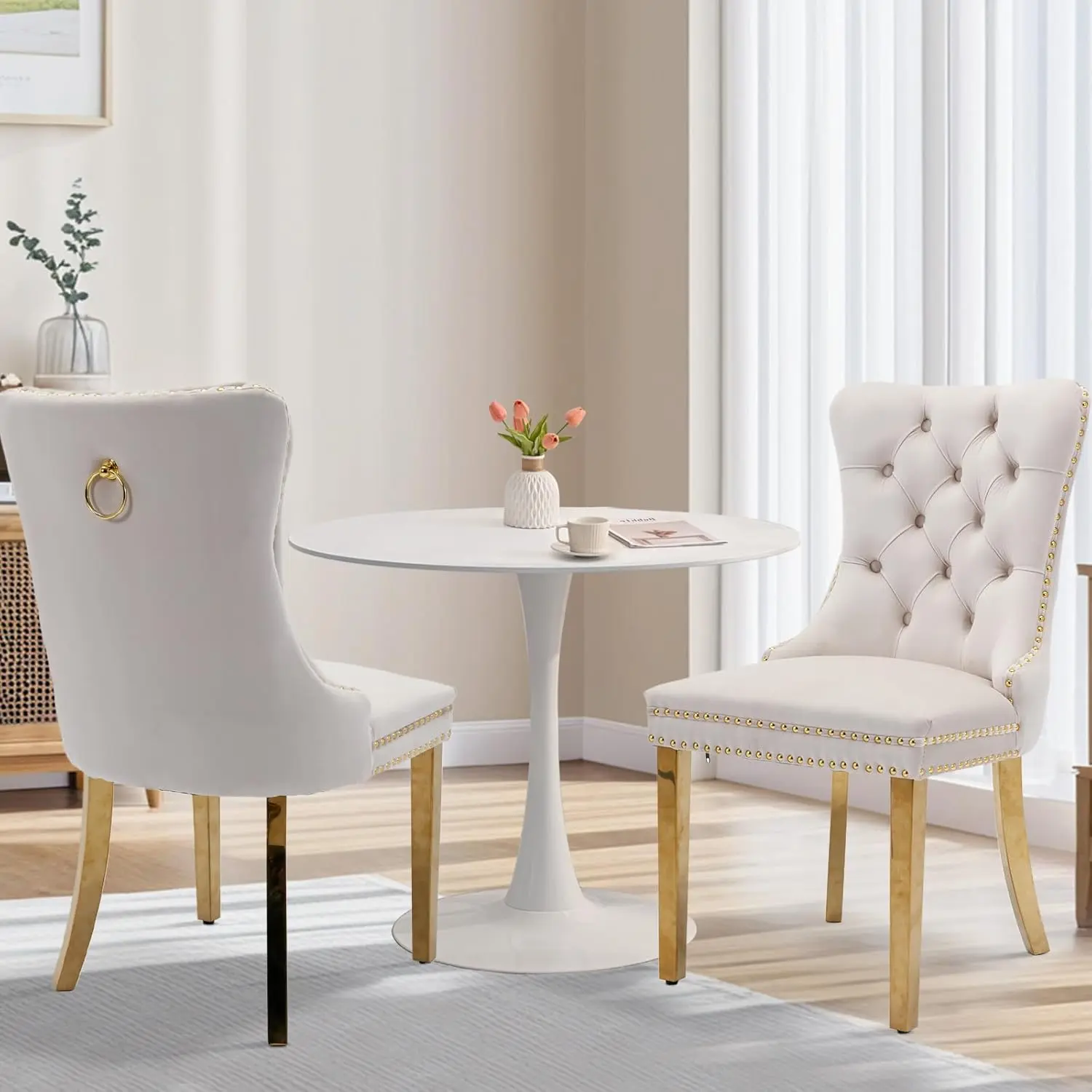 Modern Indoor Furniture Chairs - Velvet Upholstered, Tufted, Nailhead Trim, Stainless Steel Gold Legs, Kitchen & Dining Table Chair Set of 2/4/6