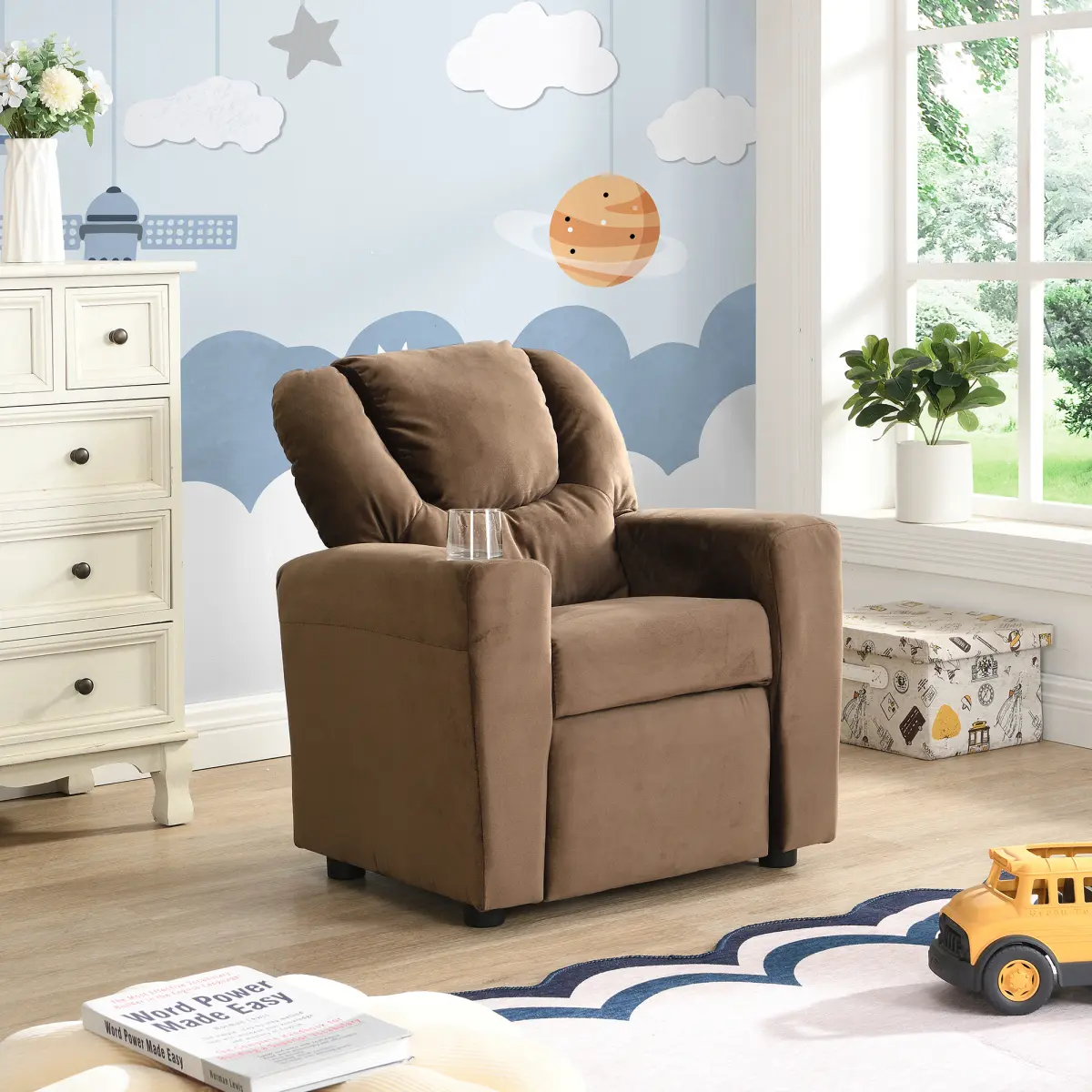 AobtkelKids Recliner Chair, Kids Upholstered Couch with One Cup Holder, Footrest, Backrest, Toddlers Velvet Recliner with Headrest and Footrest    RR