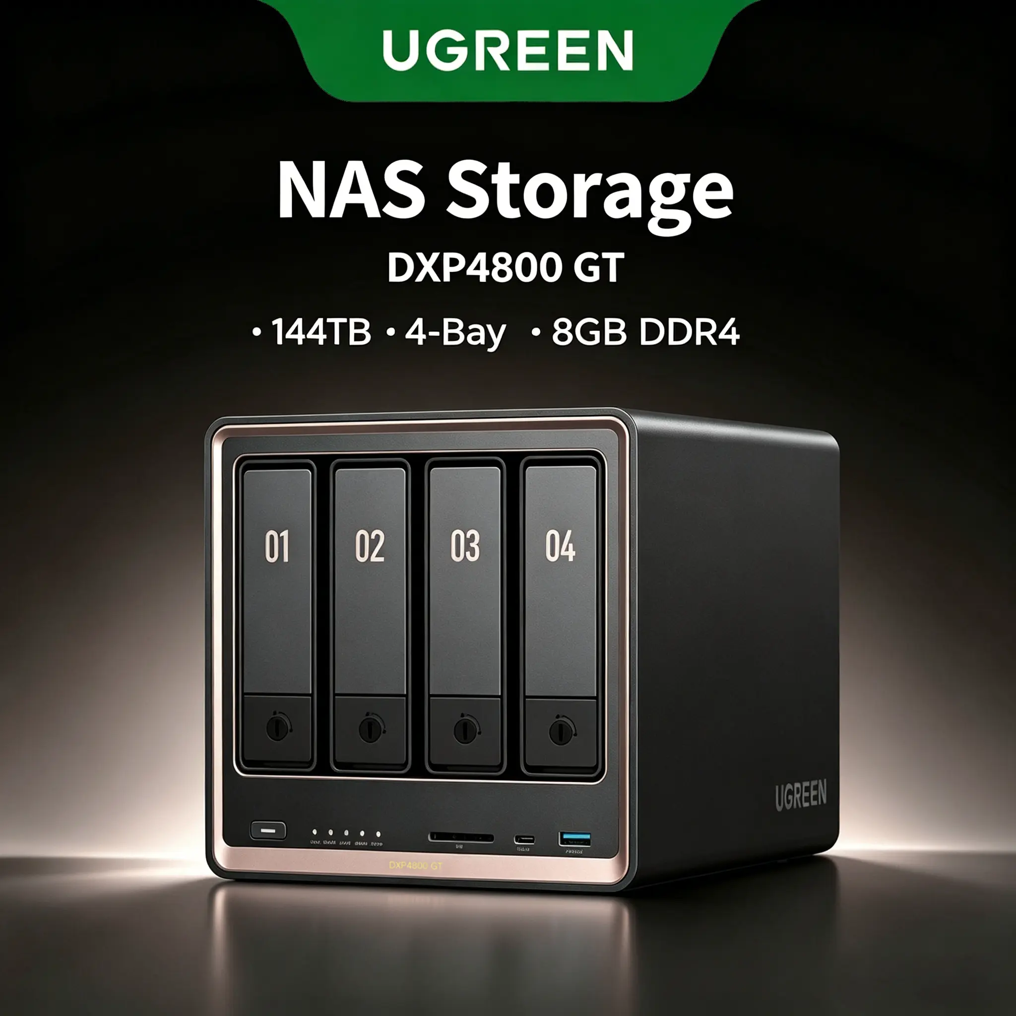 UGREEN NAS DXP4800 GT 4-Bay Desktop Network Attached Storage, AMD R2514 CPU, 8GB DDR4 RAM, Built-in 64GB eMMC, 2X 10GbE, 2X M.2 NVMe Slots, 4K HDMI (Diskless), summerwins