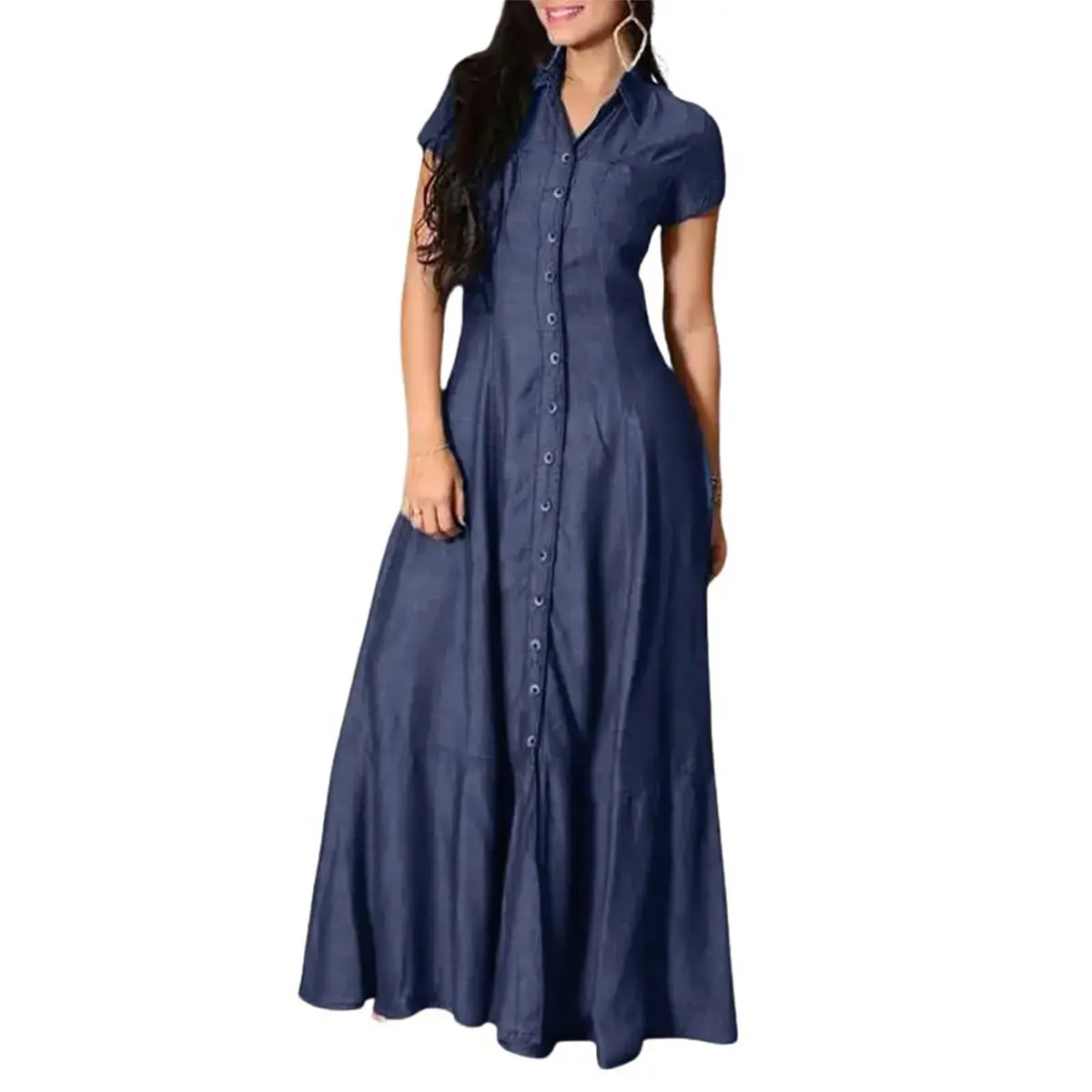 knee length dresses for ladies Women’s Layers Denim Maxi Dress with Tiered Silhouette – Wash Lab Deep Blue / L main image 1