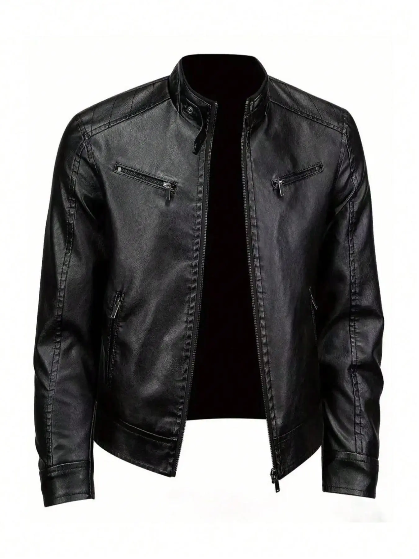 Men's Solid Pocket Zipper PU Leather Jacket, Regular Fit Casual Long Sleeve Stand Collar Outerwear for Spring & Fall, Fashion Men's Clothes for Daily Wear