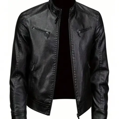 Men's Solid Pocket Zipper PU Leather Jacket, Regular Fit Casual Long Sleeve Stand Collar Outerwear for Spring & Fall, Fashion Men's Clothes for Daily Wear