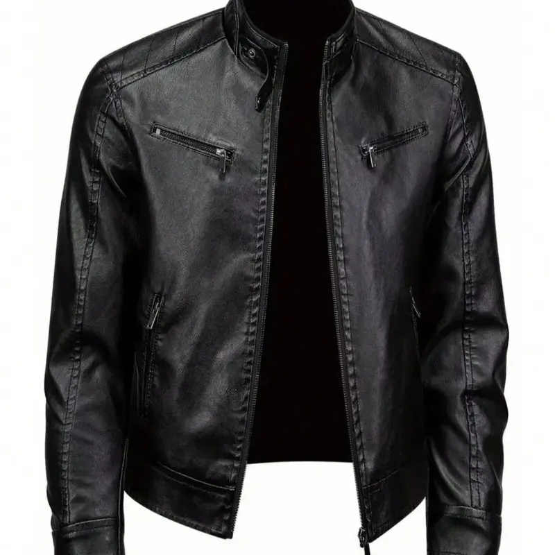 Men's Solid Pocket Zipper PU Leather Jacket, Regular Fit Casual Long Sleeve Stand Collar Outerwear for Spring & Fall, Fashion Men's Clothes for Daily Wear