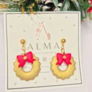 Gold Christmas Wreath Earrings with Red Bow | Holiday Statement Jewelry Gift | Polymer Clay