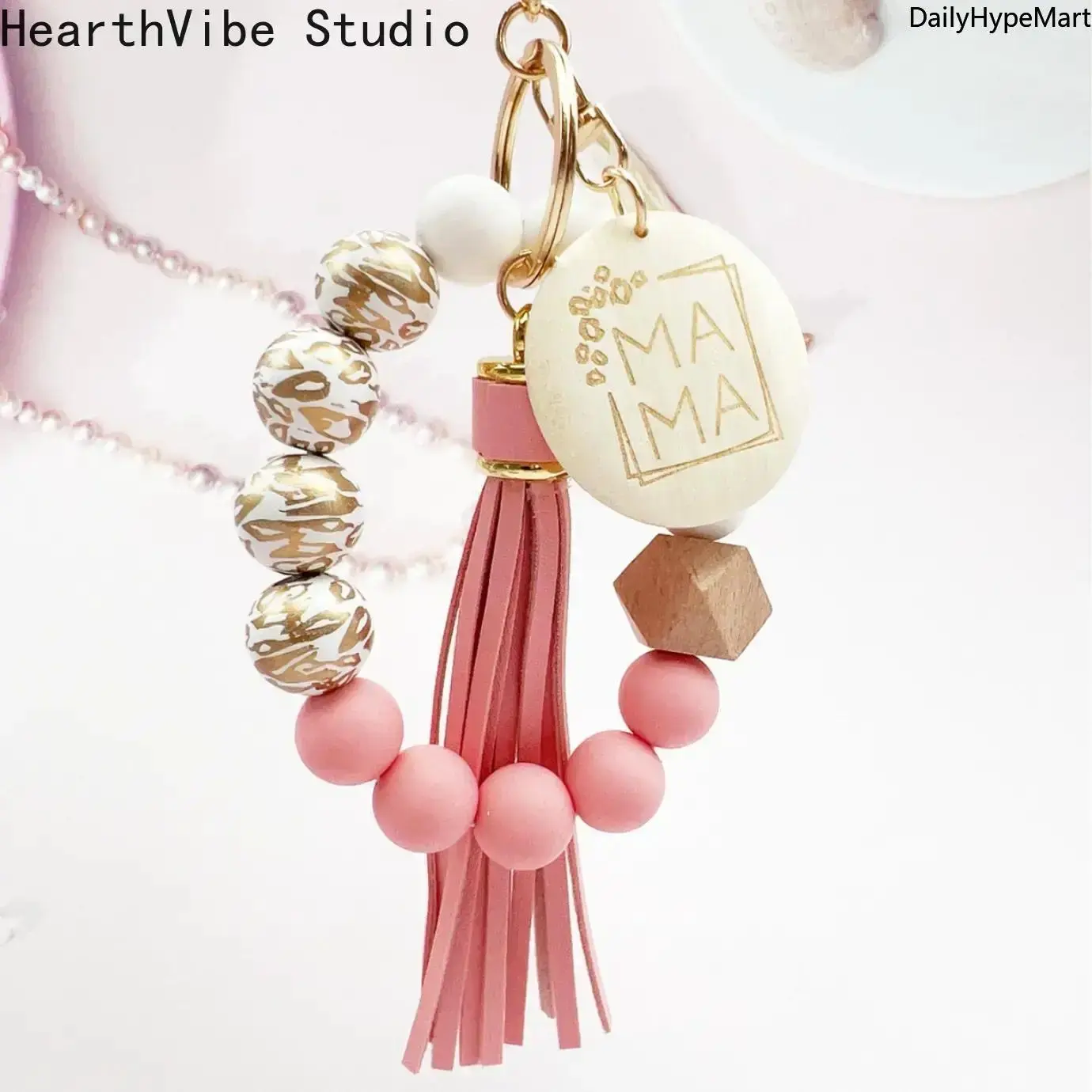 Tassel Silicone-Wood Bead Keychain, MAMA Wood Slice Bag Pendant Keychain with Cute Charms, Trendy Cute Casual Fashion Accessory for Daily Use, Cute Charms Keychain
