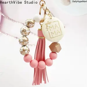 Tassel Silicone & Wood Bead Keychain, MAMA Wood Slice Bag Charm Bracelet