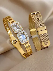 2pcs Gold Plated Stainless Steel Bracelets Set, Zircon Square Charm & Mesh Buckle Design, Adjustable Waterproof Tarnish Resistant Stackable Jewelry for Daily Wear Party Gift, High Quality Bracelet