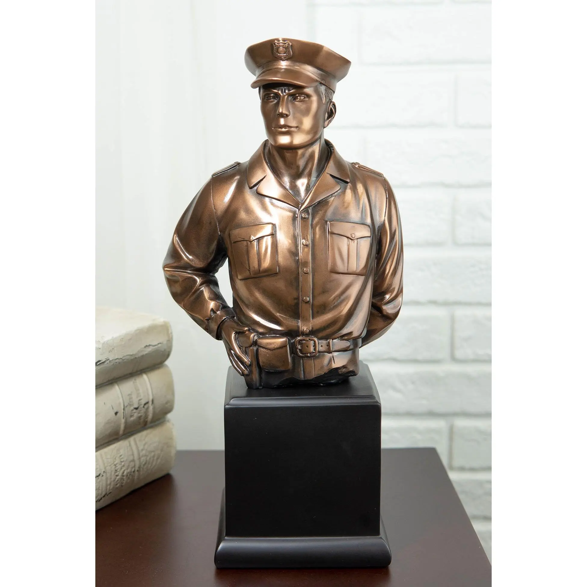 Electroplated Bronze Police Officer Figurine, Uniform Portrait Bust Statue with 4" Deep Base, Home Decor Accent for Home Supplies Display, Electroplating, 5.5" Wide