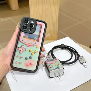 6-Piece Set High Bamboo iPhone Case, Colorful Game Machine Pattern, Charging Head Cover, Data Line Protector, Storage Rope, Accessories