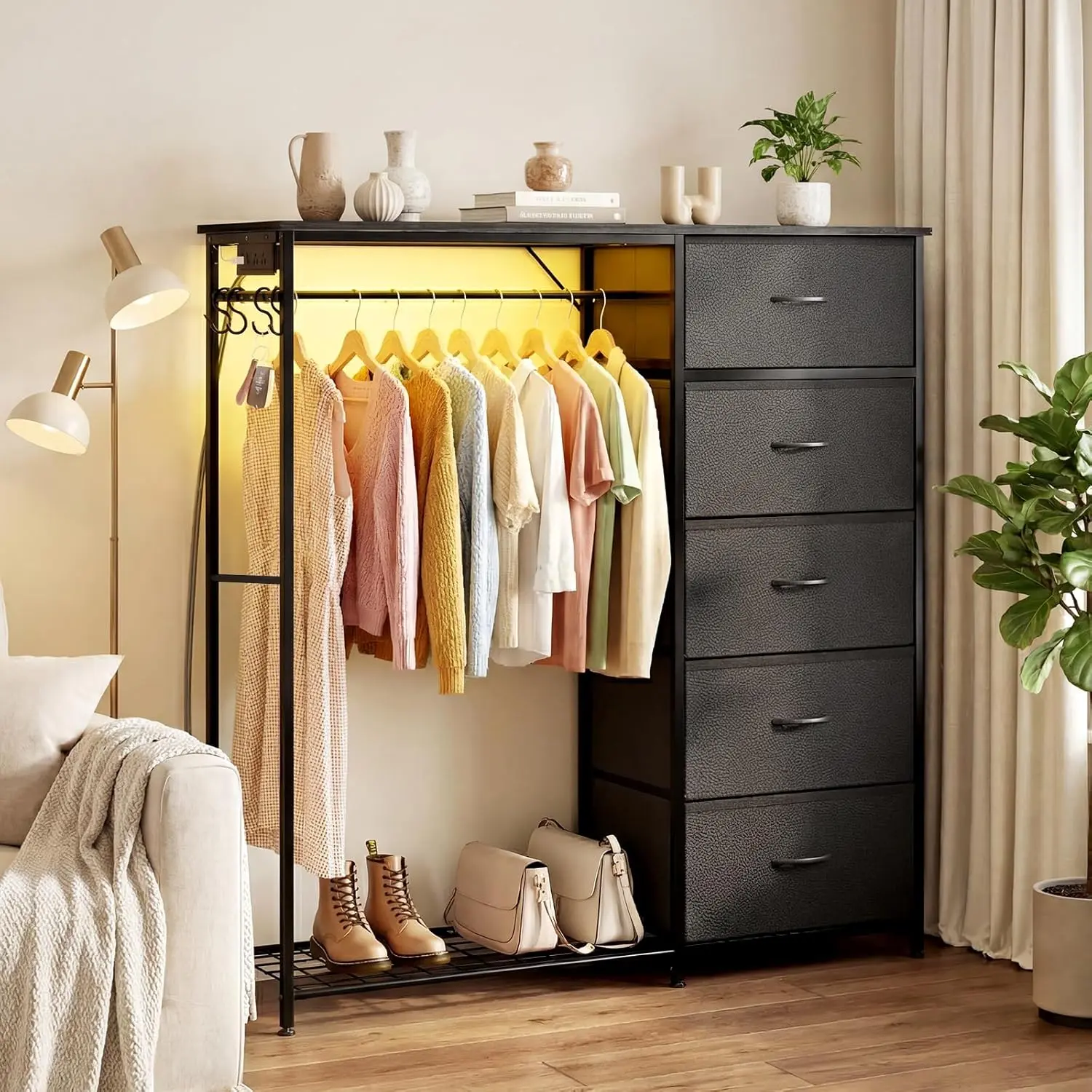 5 Drawers Dresser For Bedroom With Hanging Rack With LED Lights & Charging Station, Fabric Dressers & Chest Of Drawers With Clothes Rack, Wooden Top, Grid Panel, Closet, Dresser For Bedroom