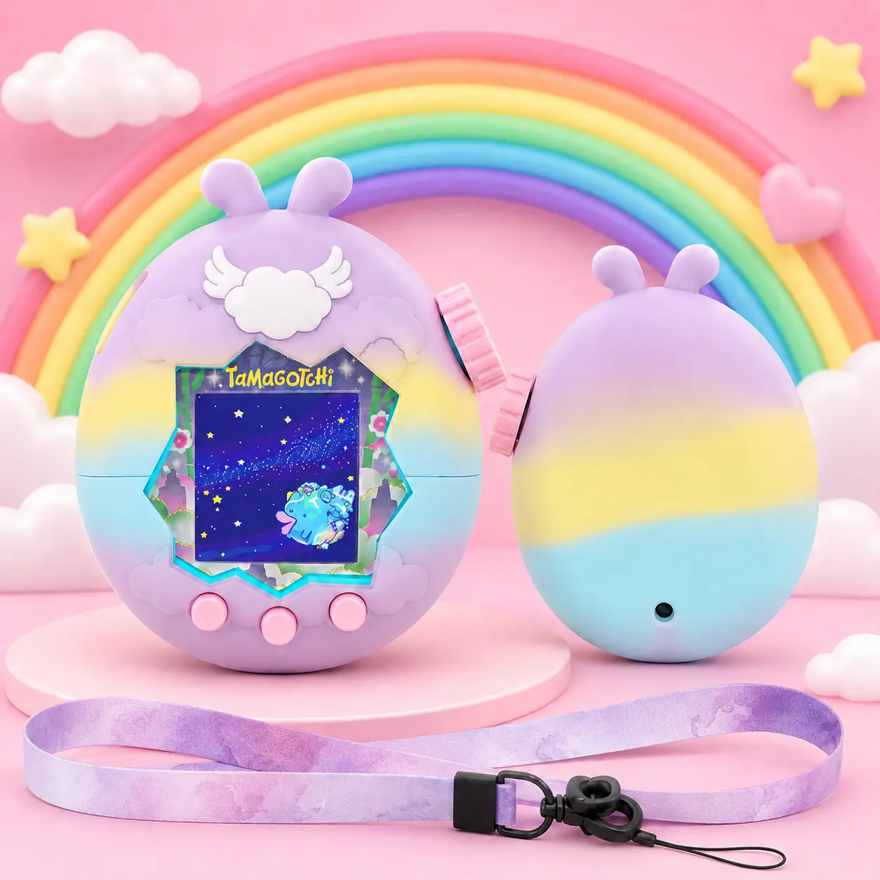 OAJ Cute Soft Silicone Case for Tamagotchi Paradise Virtual Pet - Genuine Material, Full-Body Protection, Silky-Smooth Touch, Shock Absorption, Anti-Scratch Kawaii Gaming Accessory with Purple Lanyard for Girls' Safety & Aesthetic Gifts, Angel, Bunny