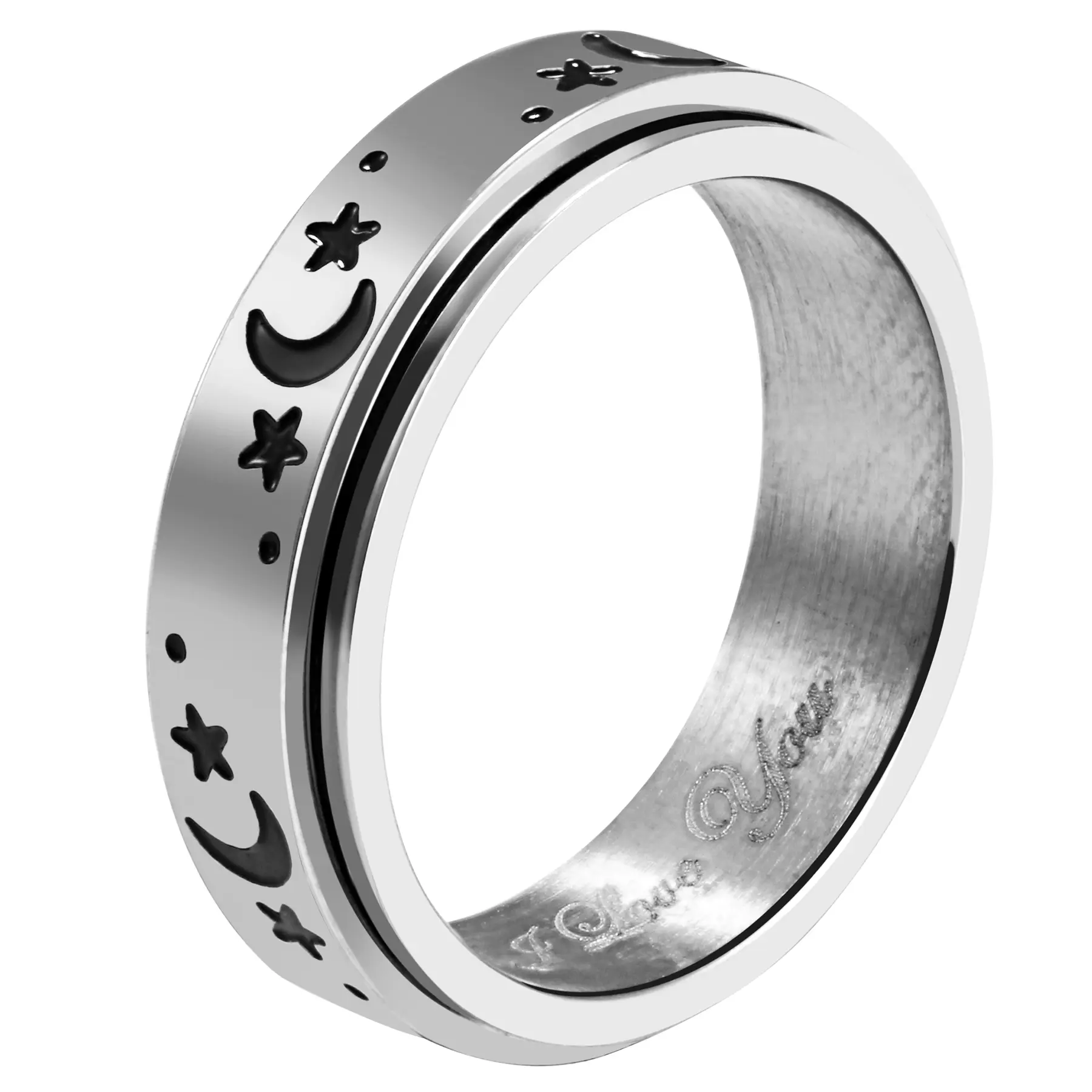 OIDEA Couples Titanium Engraved Phrase Spinner Promise Ring, 6mm Silver Star Moon Anxiety Fidget Ring, Valentine's/Birthday Gift for Partners, Engraved Phrase Rings