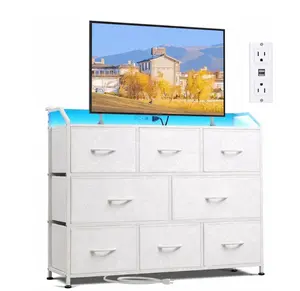 8-Drawer Fabric Dresser with Power Outlets & LED Light, Multifunctional TV Stand Storage Cabinet for Bedroom, Living Room, Office & Hallway, White