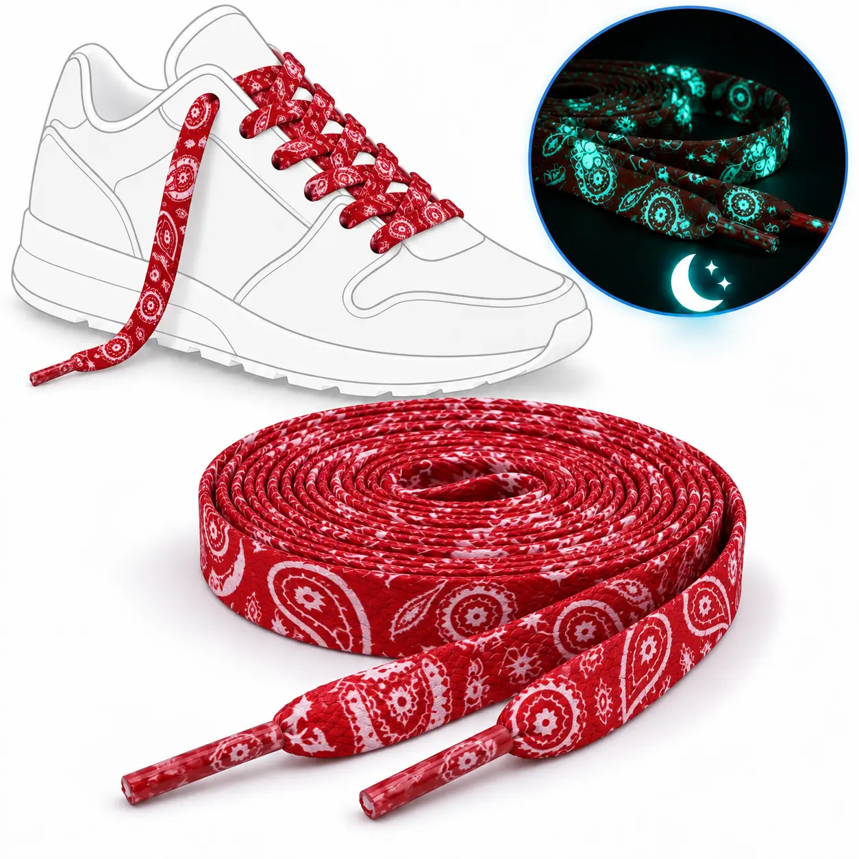 Red Paisley Glow in the Dark Shoelaces – Luminous Patterned Laces Red Paisley Glow in the Dark Shoelaces – Luminous Patterned Laces