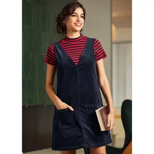 ModCloth Retro Radiance V-Neck Corduroy Jumper Dress Cotton Blend - Midnight Sky Blue (S-4X)