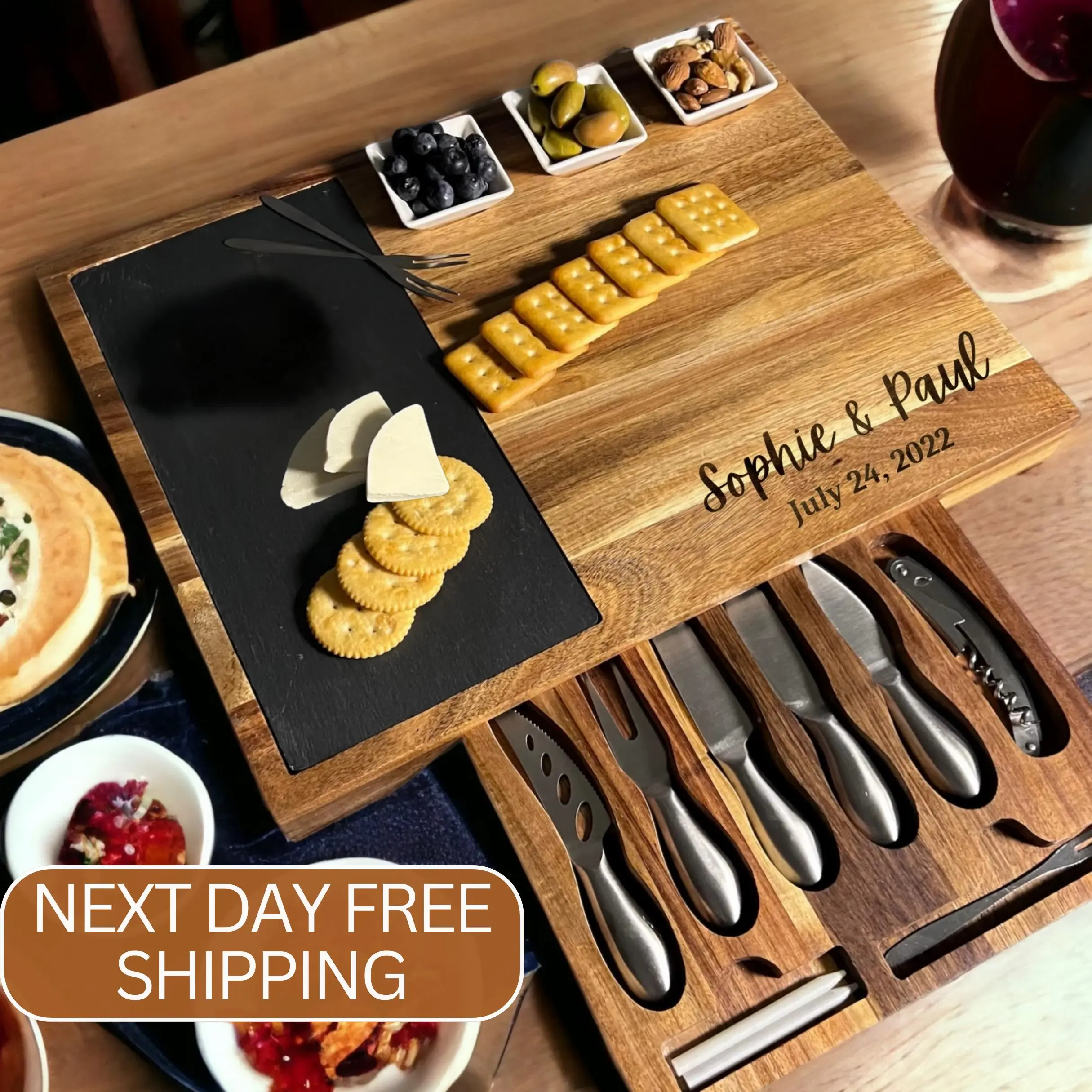 Personalized Charcuterie Board Set with Slate & Knives, 17 Pc Cheese Board, Wedding Gift, Anniversary Gift, Realtor Gift