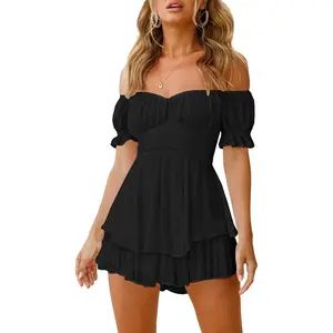 Women Boho Romper off Shoulder Ruffle Chiffon Shorts Jumpsuit Playsuits