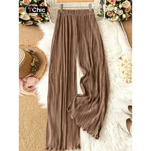New Women’s Striped Pleated Ruffle Design Casual Wide Leg Pants, Trendy Long Pants for Stylish Spring, Casual Beach Pants, Comfortable and Chic Ladies Fashion