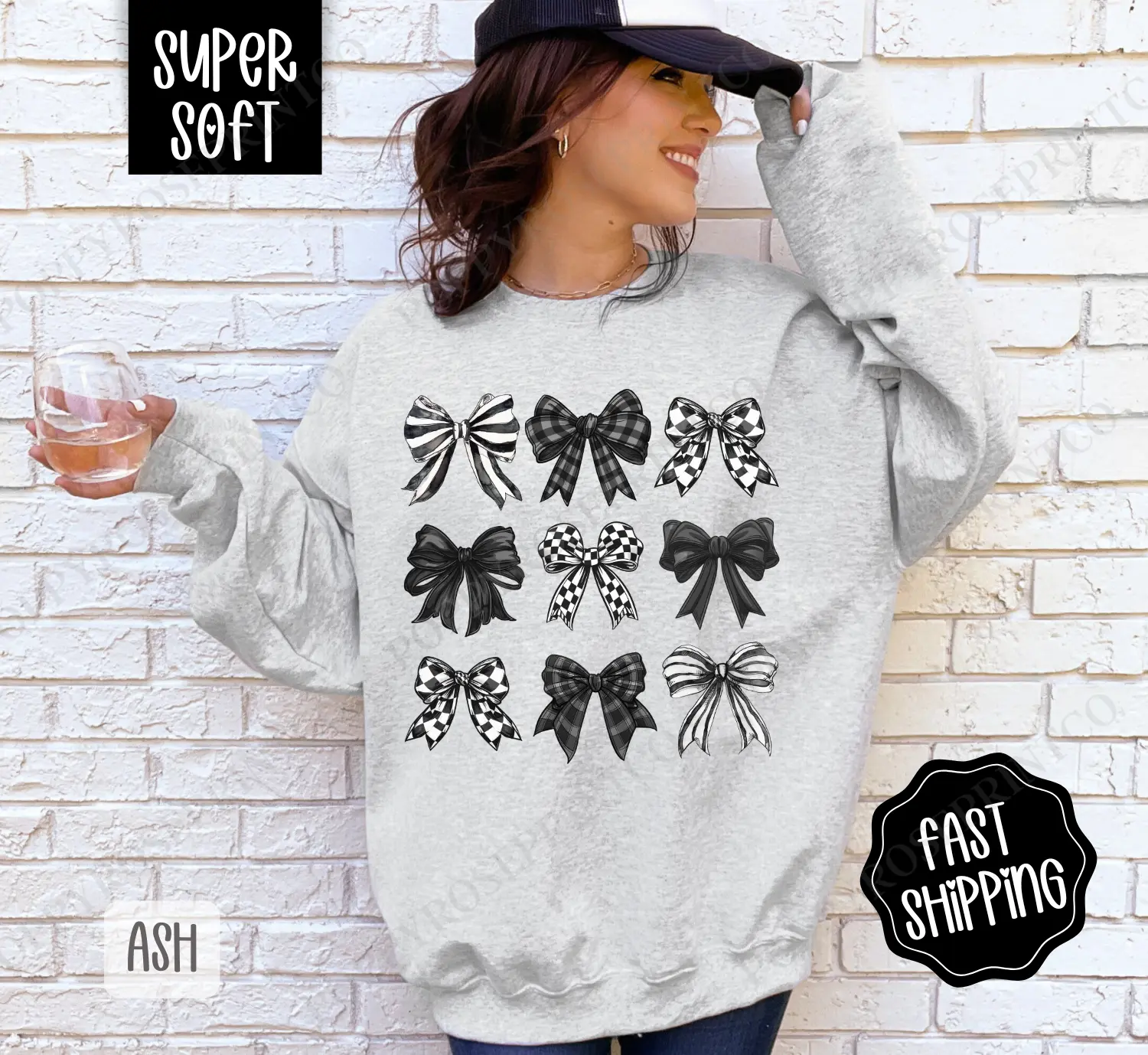 Checkered Bows Sweatshirt, Coquette Black and White Bow Sweater, Cute Women's Crewneck