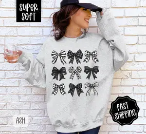 Checkered Bows Sweatshirt, Coquette Black and White Bow Sweater, Cute Women's Crewneck