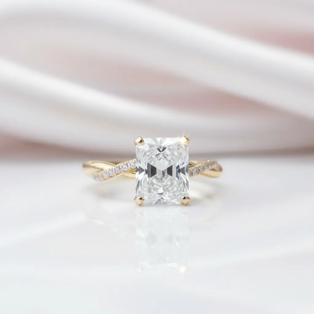 4.5 Carat Radiant Cut Twist Yellow Gold Engagement Ring