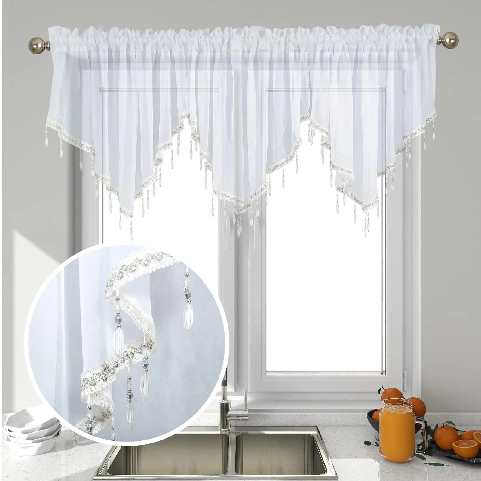 3 Piece Beaded Triangle Sheer Valance Curtains For Windows Kitchen Living Room Bathroom Bedroom Voile Rod Pocket Short Window (white 51"x24")