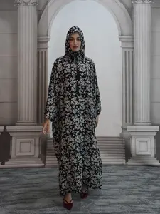 Middle East Fall Winter Hooded Drawstring Plus Size Fashion Floral Dress, Loose Fit Long Lantern Sleeves, Modest Casual Wear, Hijabi Cute Dresses