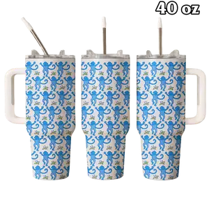 Blue Monkey Roller Rabbit Pattern Tumbler 40oz, Cute Aesthetic Design, Travel Water Cup Holiday Gift Idea | 210326.R2997.ID00