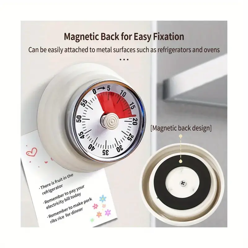 60-Minute Visual Timer with Magnetic Base - Mechanically Wound Kitchen Clock, Industrial Home Supply with Ringtone Alarm, Stainless Steel Cover, Time Management Tool for Cooking & Studying