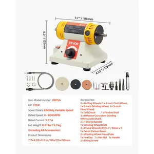 VEVOR Bench Buffer Polisher, 1/2HP Polishing Buffing Machine, 0 to 8000RPM Benchtop Polisher Grinder with 4 Cloth Wheel, 3 Grinding Wheel 3 Fiber Wheel for Metal, Jewelry, Wood and Plastic