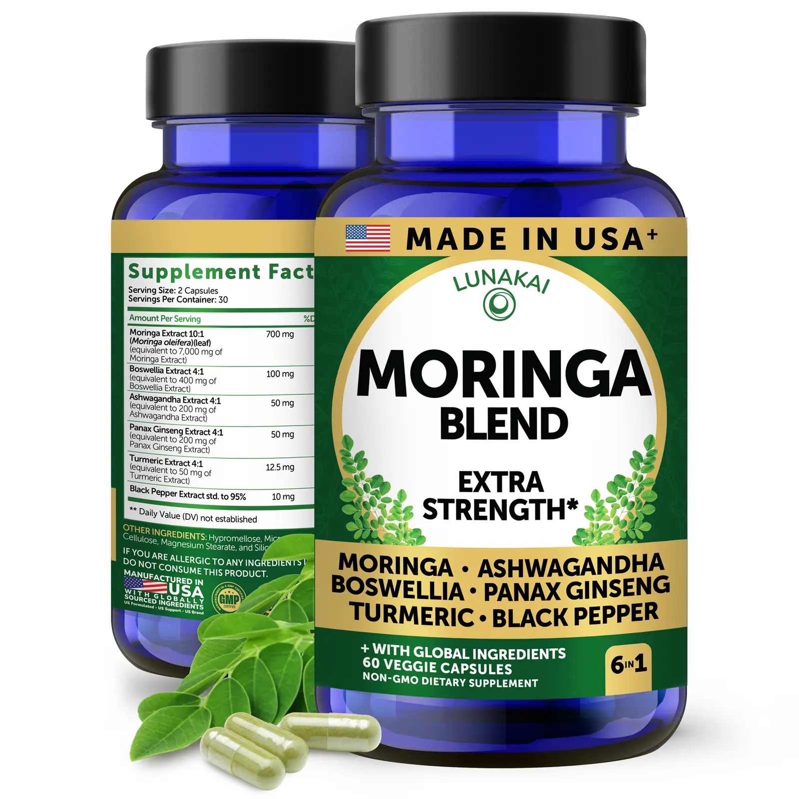 Lunakai USA Made Pure Moringa Capsules – Advanced Moringa Leaf Extract Supplement with Ashwagandha, Boswellia, Ginseng & Turmeric, 60ct
