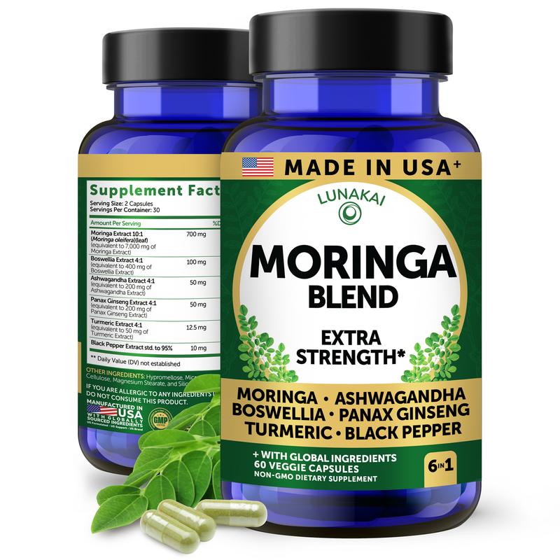 Lunakai USA Made Pure Moringa Capsules – Advanced Moringa Leaf Extract Supplement with Ashwagandha, Boswellia, Ginseng & Turmeric, 60ct