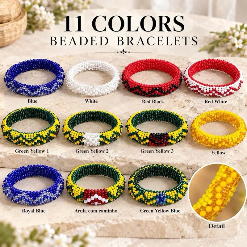 Santeria Crystal Beaded Bracelet - Medium-Width Elastic Stretch Bangle, 11 Color Options