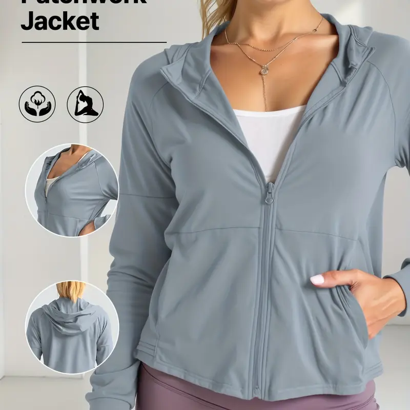 Women's Full-Zip Hooded Sports Jacket, Sporty Sports Outerwear, Lightweight Running Coat with Pockets, Ideal for Yoga, Gym, and Various Fitness Activities